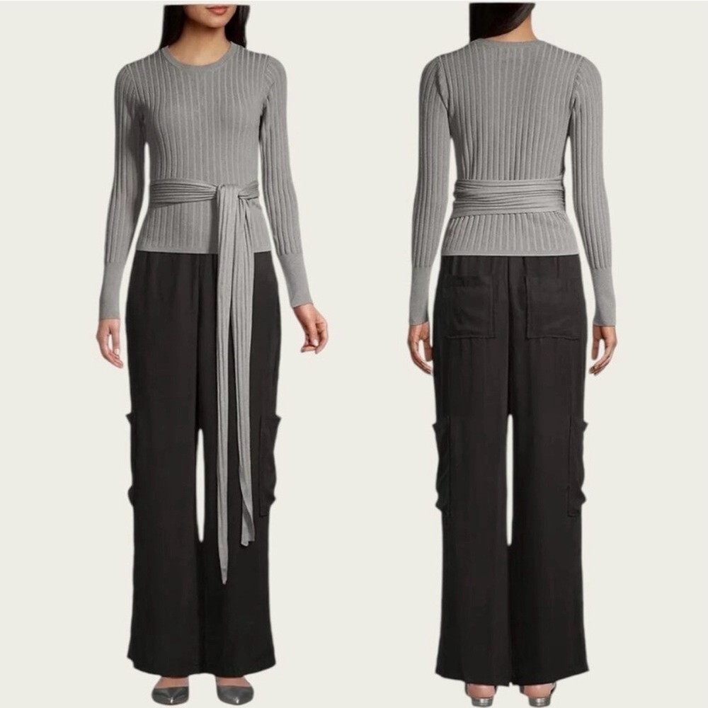 Modern Citizen Deniza Rib-Knit Tie Waist Sweater Gray Small